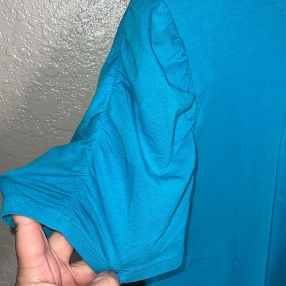 Blue Puffed Ruched Sleeve Top - Picture 3 of 5